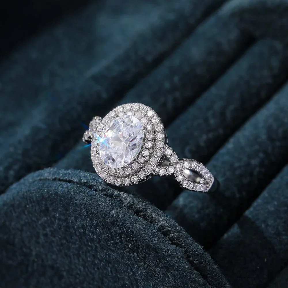 😍14K WHITE GOLD DOUBLE LAYER💫CRYSTAL OVAL WEDDING LUXURY RING GIRL TEEN, K900